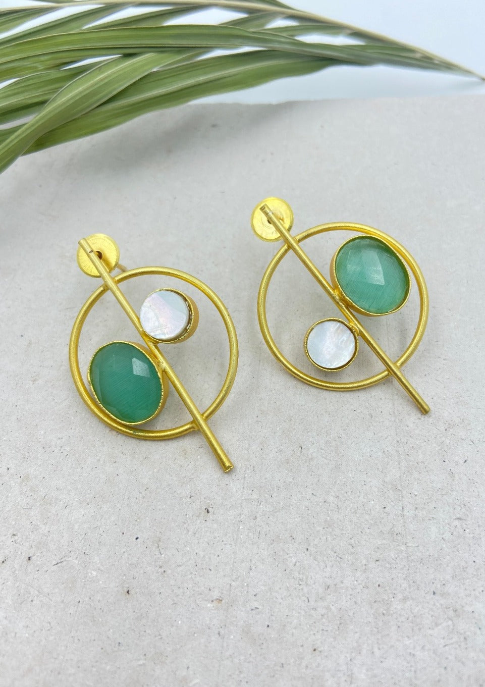 Gold Plated Circular Green Chalcedony Quartz Drop Earrings - QUEENS JEWELS