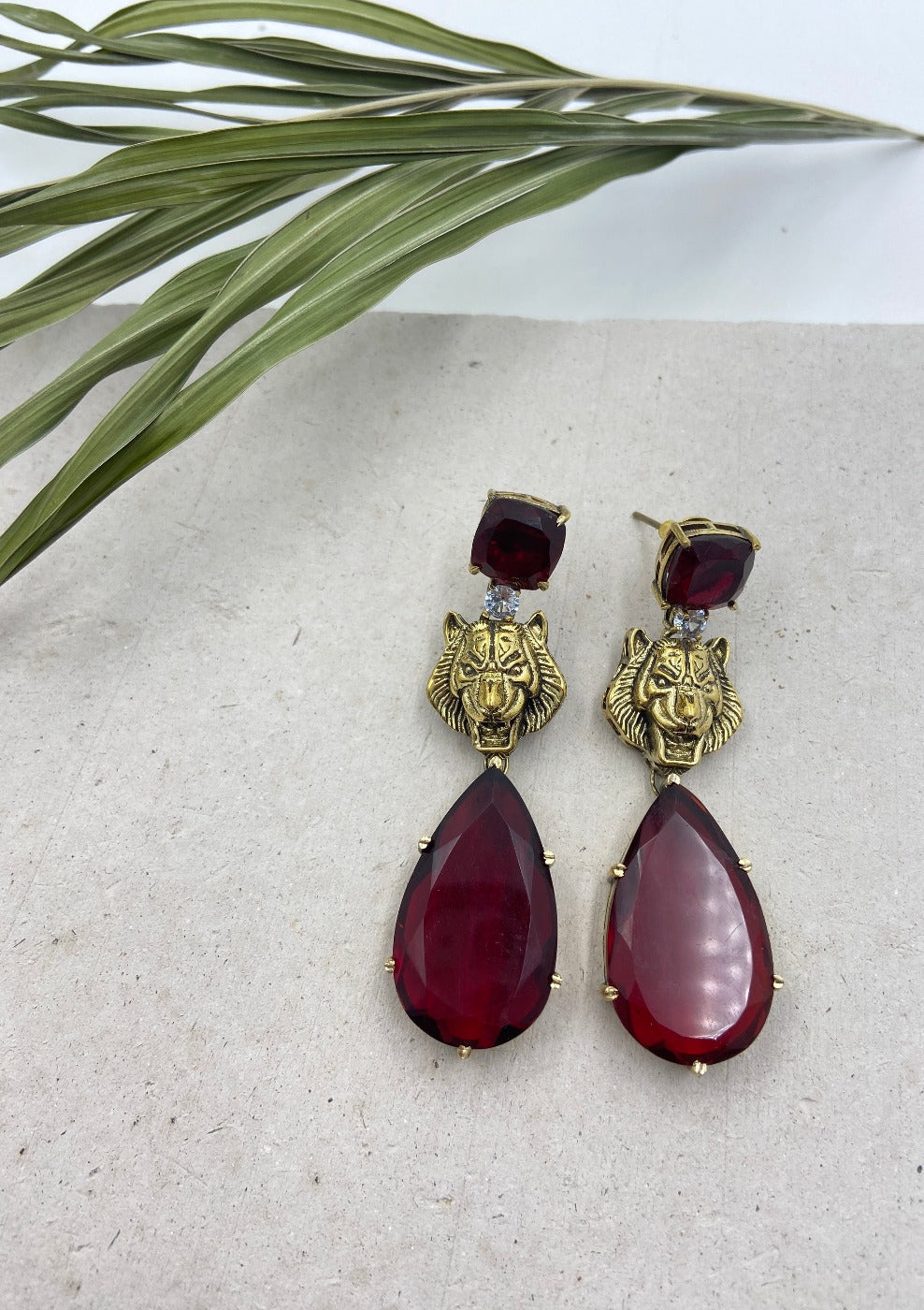 Ruby Drop Earrings With Lion Motif - QUEENS JEWELS