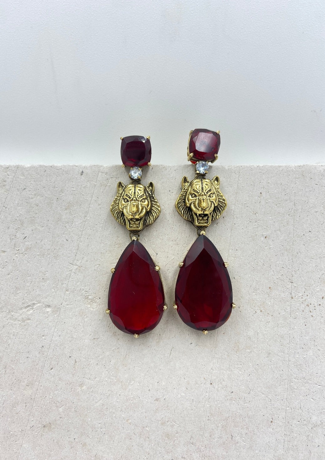 Ruby Drop Earrings With Lion Motif - QUEENS JEWELS
