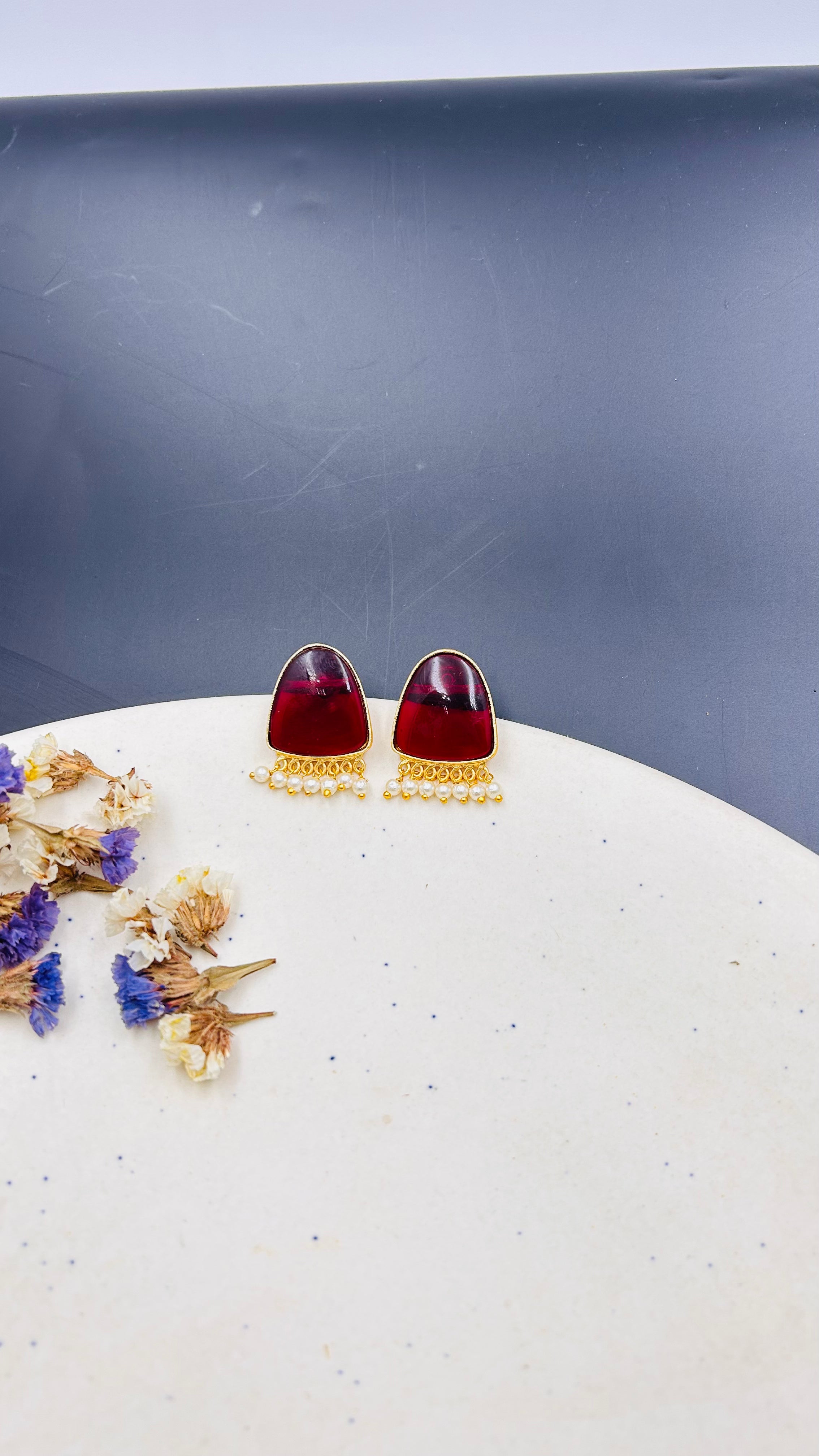 Ella Small Red Studs with Pearls Drops - QUEENS JEWELS